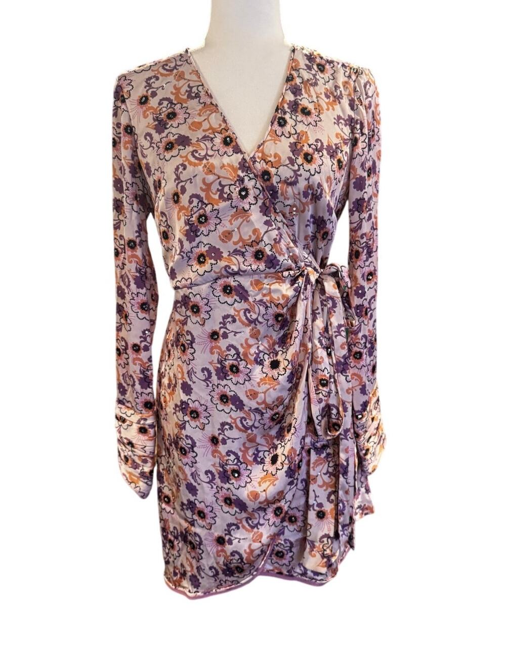 ALEXIS Kari Beaded Floral Wrap Mini Dress - Lilac Size Small